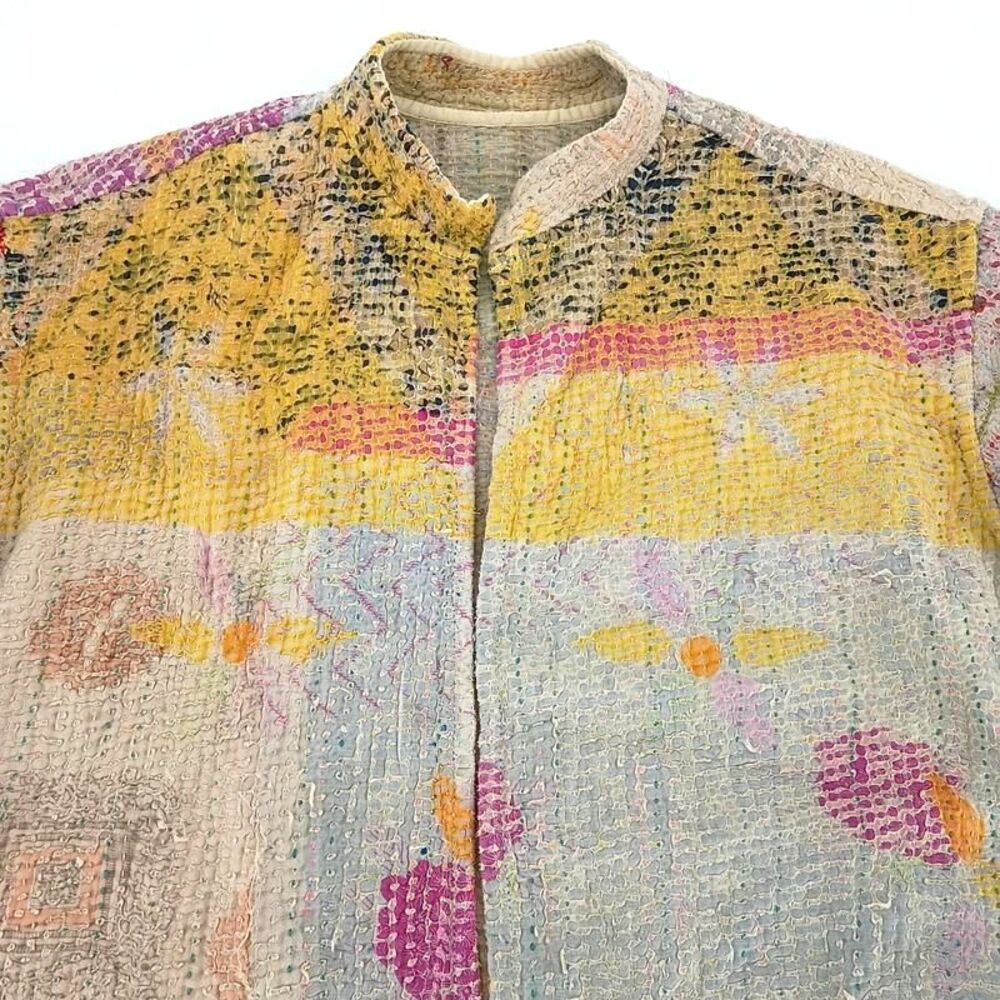 Reversible Kantha Quilted Patchwork Cropped Jacket Handmade Boho Wearable Art - Picture 7 of 14